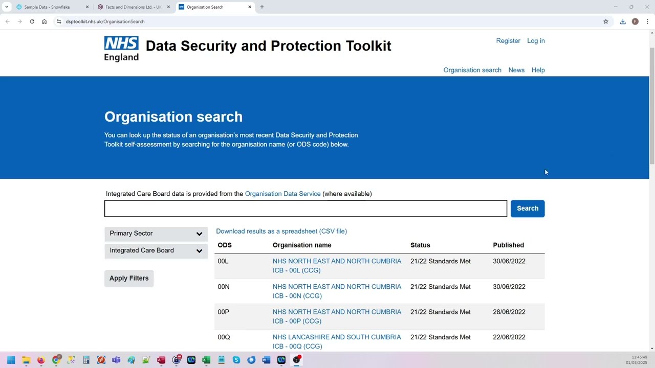 Spotlight Dataset 182: NHS Data Security and Protection Toolkit Status