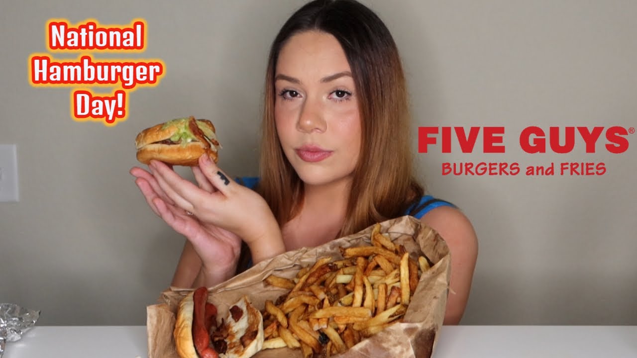 NATIONAL HAMBURGER DAY FIVE GUYS MUKBANG | EATING SHOW