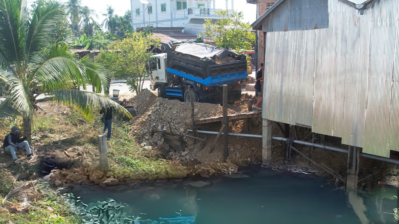 FULL Video Project LANDFILL DELETE POND TRASH By Driver KOMAT'SU D20P DOZER Pushing SOIL & Truckload