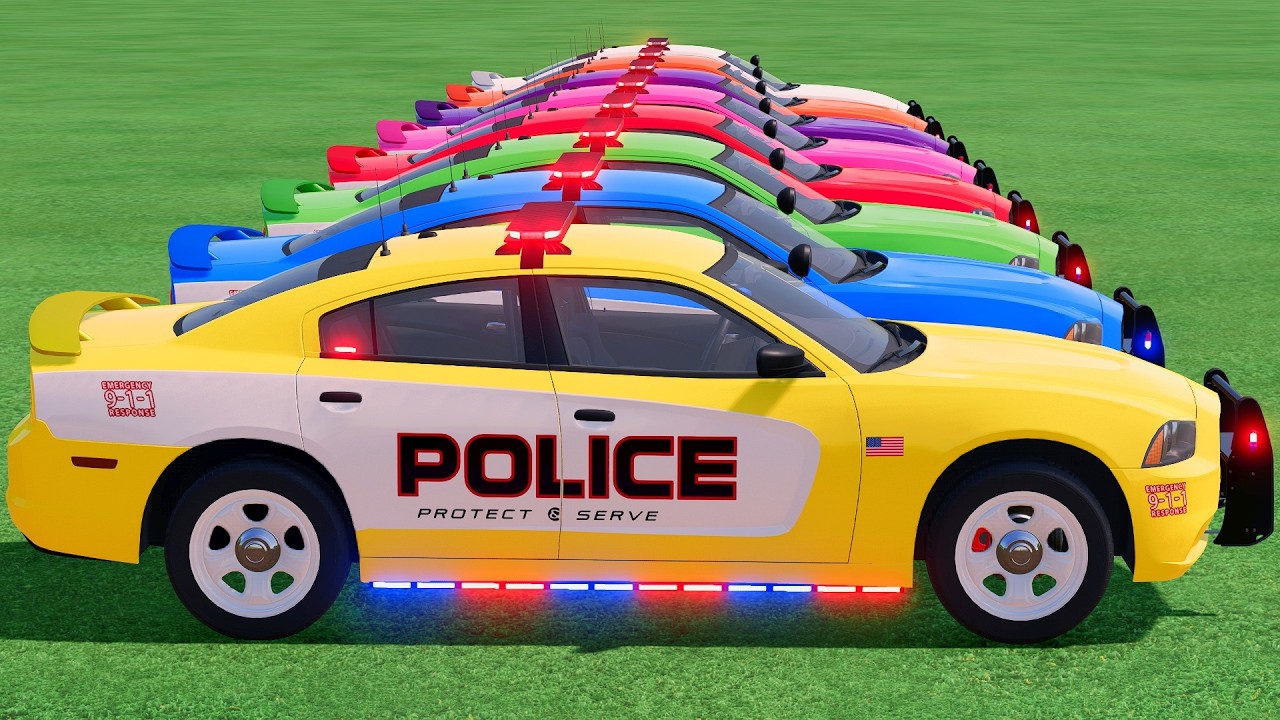 GO! POLICE CARS, AMBULANCE, FIRE TRUCK, COLORFUL CARS WITH TRUCK & TRAIN FARMING SIMULATOR 22! #112