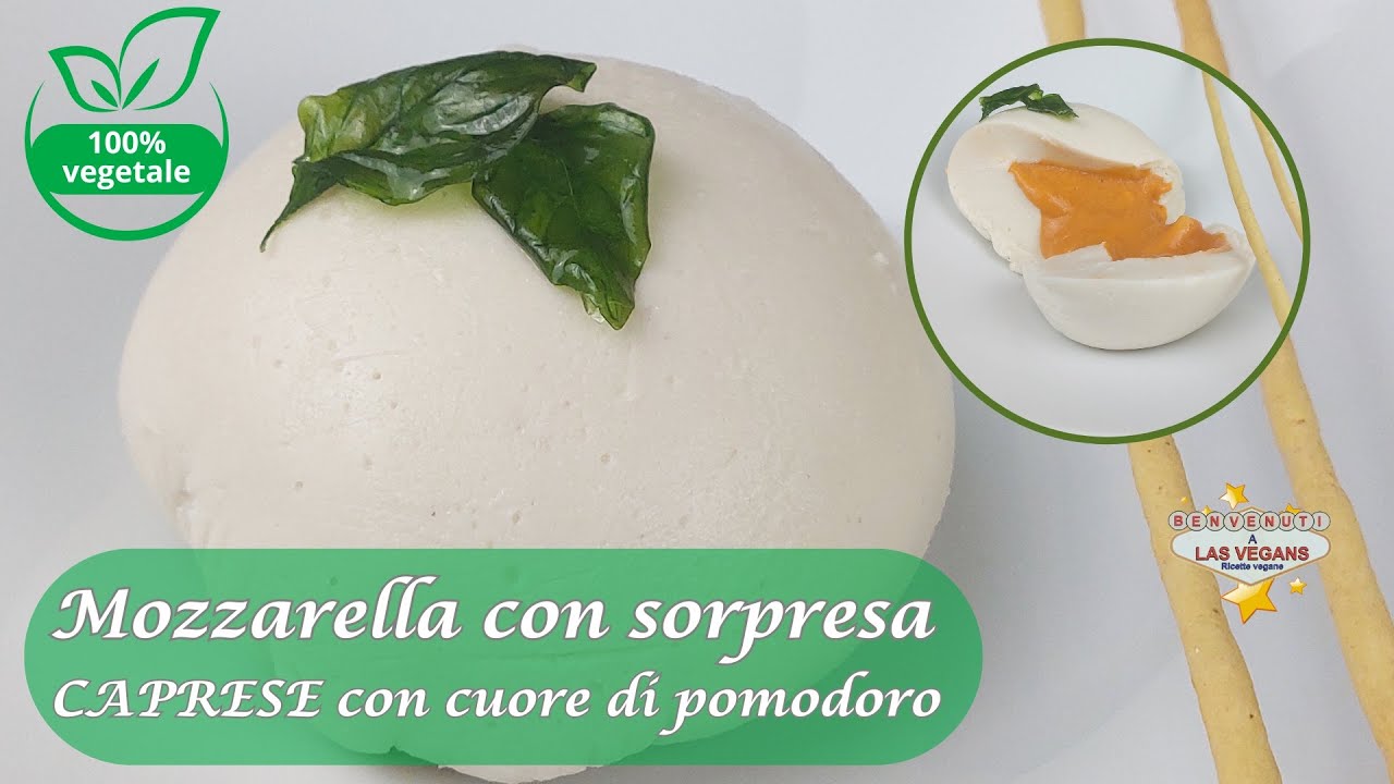 Formaggio vegano - Mozzarella vegetale con cuore di pomodoro - Caprese - con basilico croccante