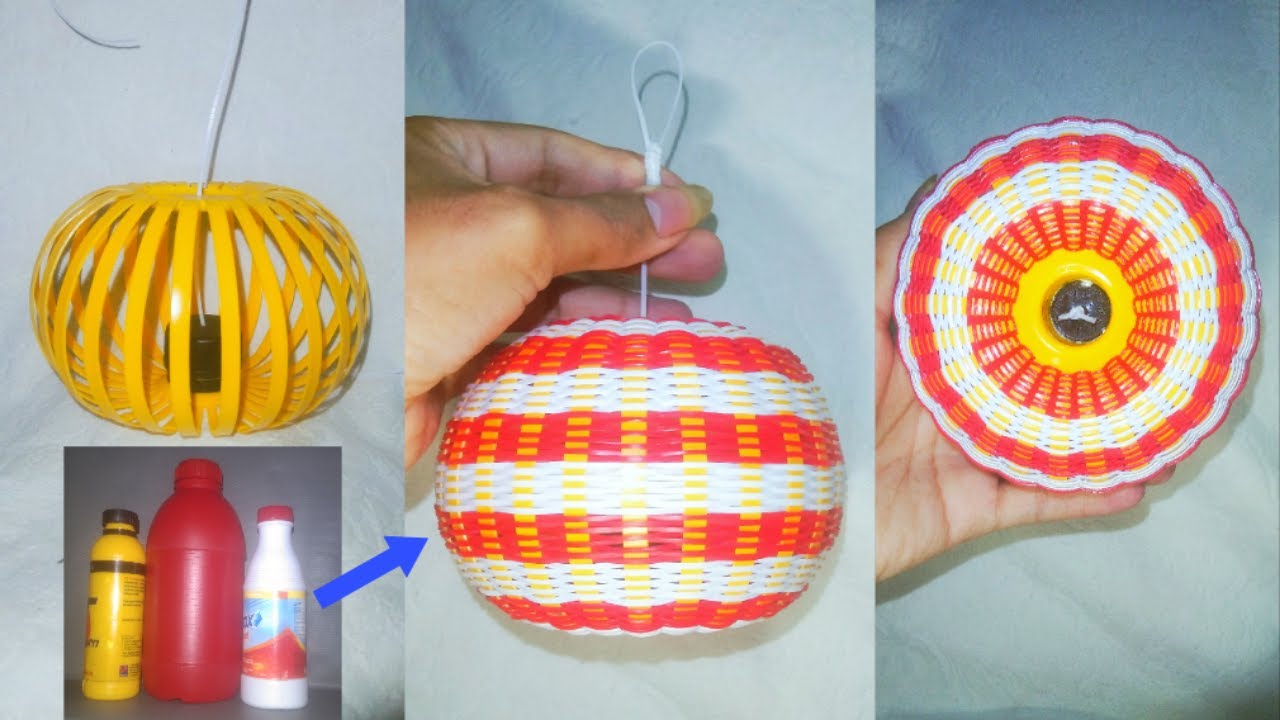 DIY Christmas Ball Decoration/Lantern from bleach/engine oil bottle, weaving plastic bottle craft4