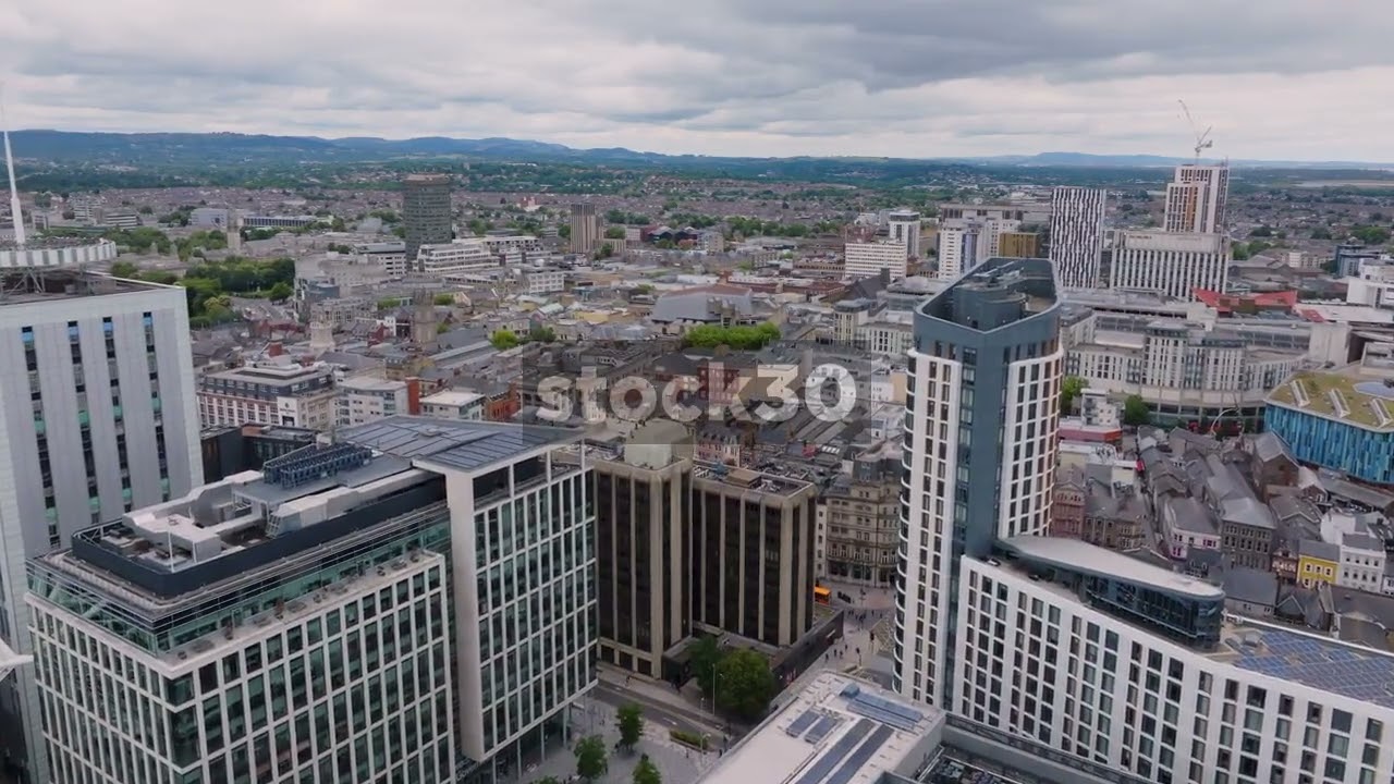 Drone Shot Flying Over Cardiff City Centre, Wales, UK
