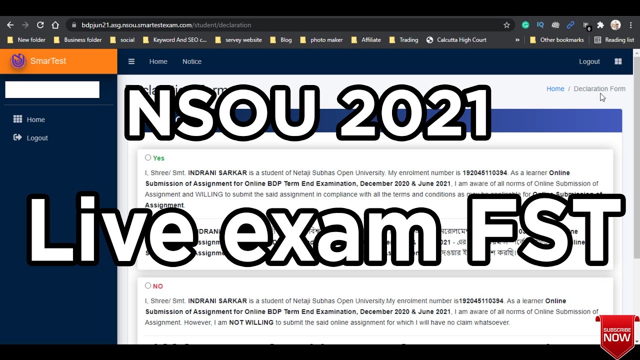 Live Online Exam FST Nsou 2021 | Netaji Subhas Open University