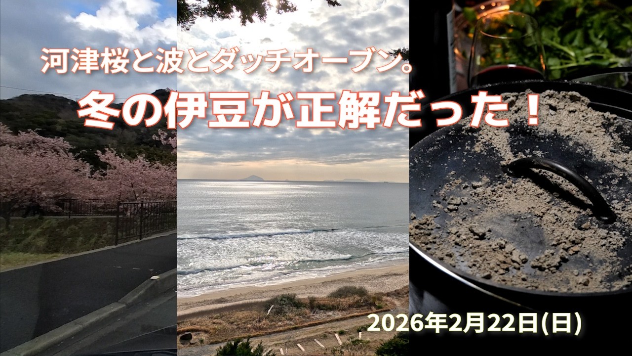 【伊豆キャンプ×サーフ】寒いけど最高！空いてる海と河津桜と焚火ダッチオーブン