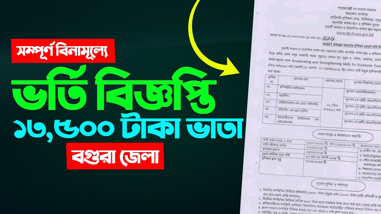 Bogura Technical Training Center Admission Notice. TTC Bogura Training Circular 2025