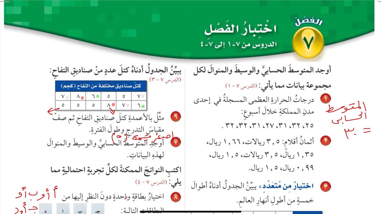 اختبار الفصل السابع رياضيات خامس الفصل الدراسي الثاني