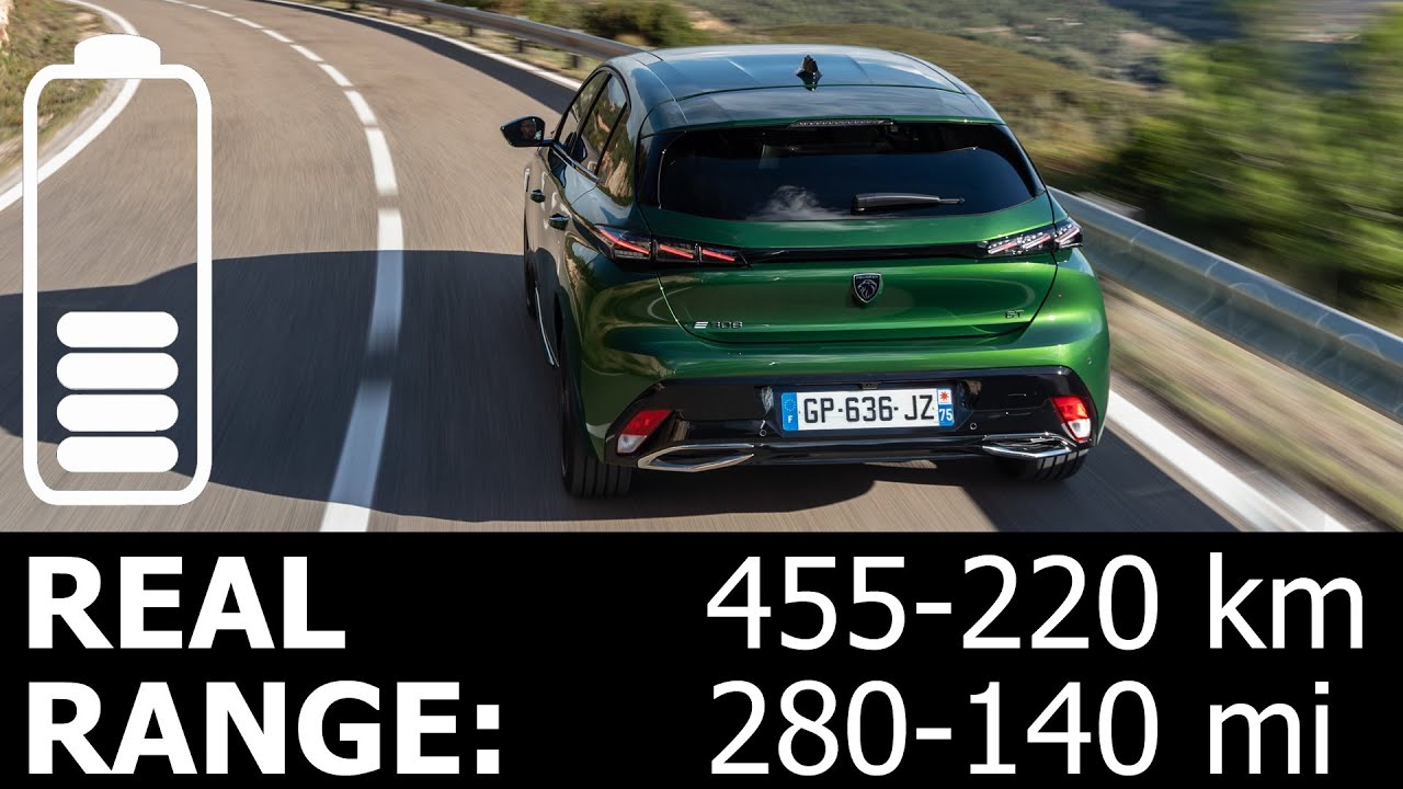 Peugeot e-308 156 HP highway real range energy power consumption economy mpkWh kWh/100km city 54 kWh