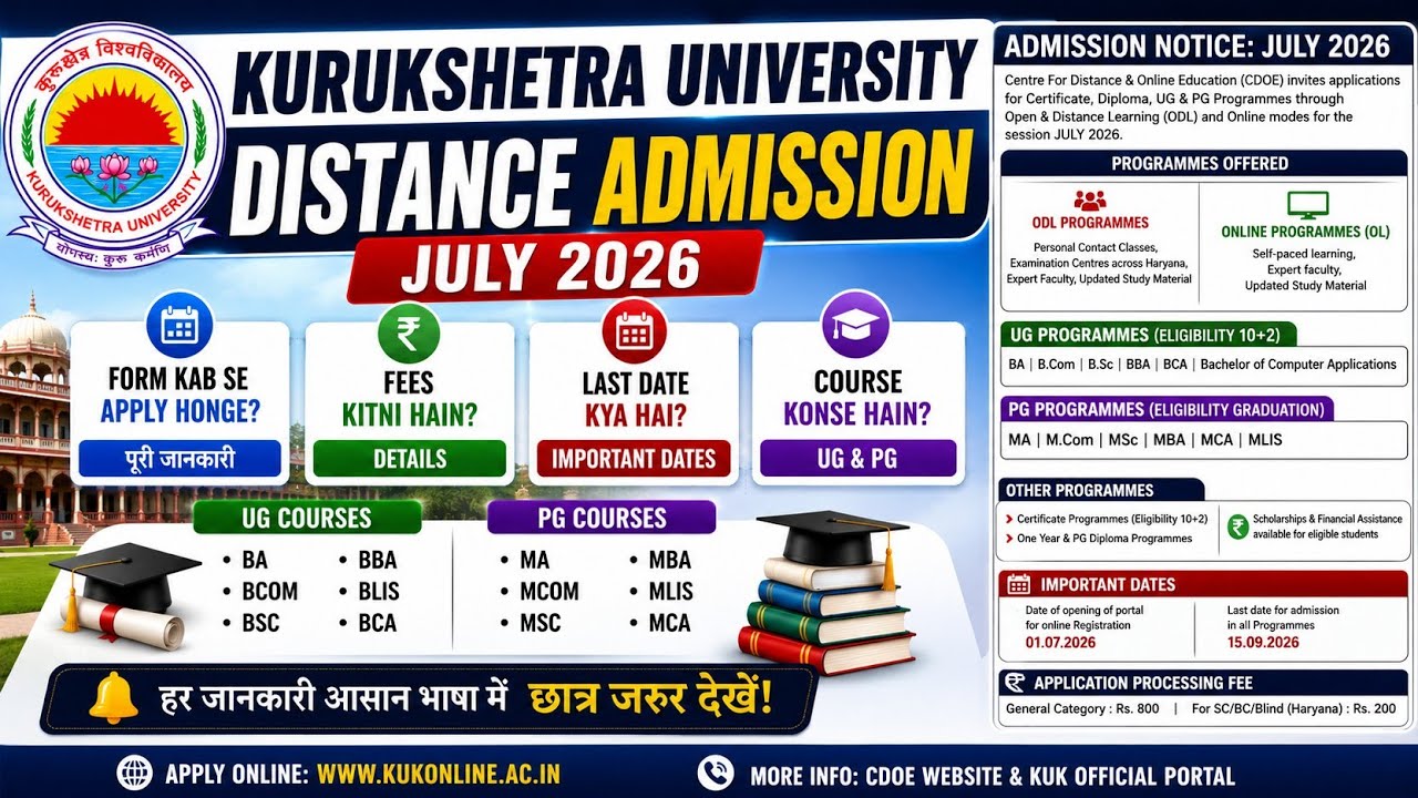 KUK Distance Admission 2026 UG PG Form Kaise Bhare? Full Process, Fees, Documents, Last Date