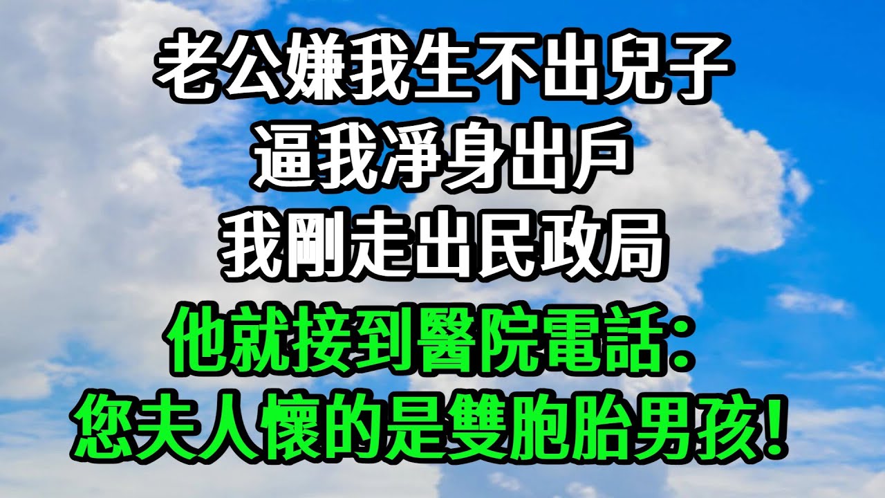 老公嫌我生不出兒子逼我凈身出戶，我剛走出民政局，他就接到醫院電話：您夫人懷的是雙胞胎男孩！【人間百味】#情感#小說#婚姻#完結文