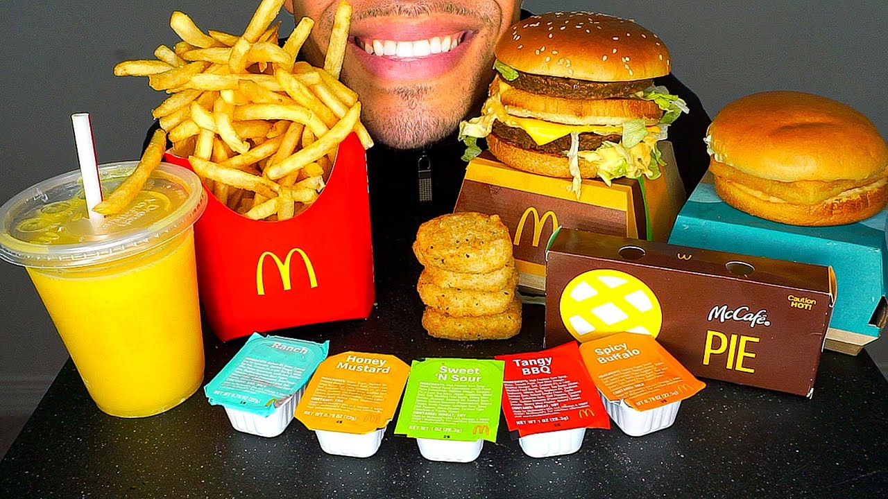 ASMR MCDONALDS MUKBANG CHICKEN NUGGETS BIG MAC FISH FILLET SMOOTHIE APPLEPIE NO TALKING JERRY EATING