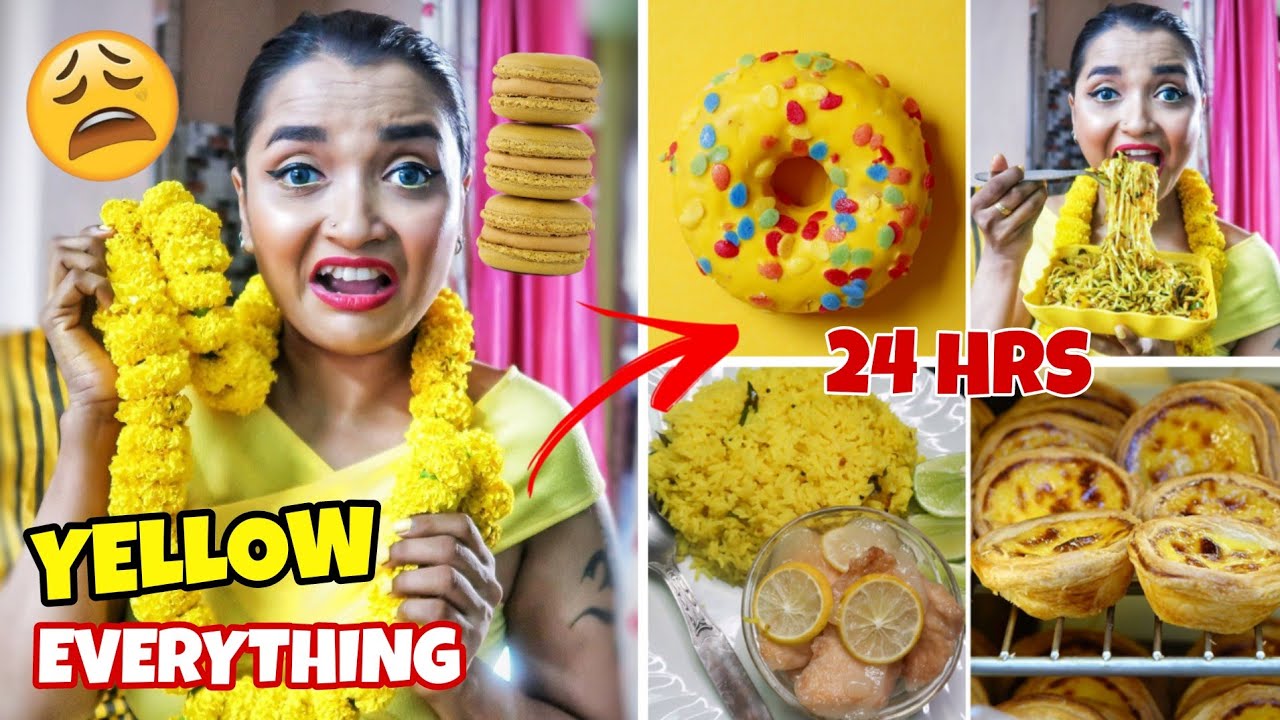 I used YELLOW THINGS for 24 HOURS Challenge - Full Day Eating Yellow FOOD CHALLENGE - India