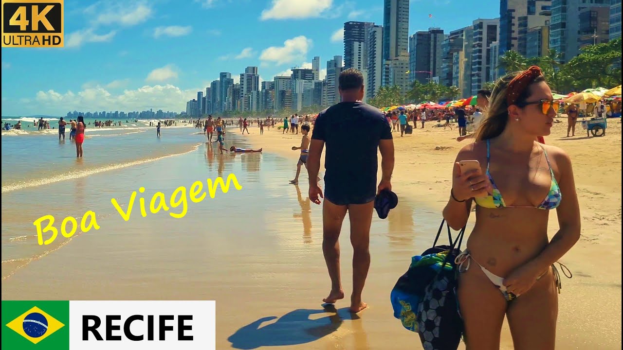 🇧🇷 Пляж Боа Виажем в солнечный день! Ресифи, Пенсильвания, Бразилия. [4K] прогулка по пляжу