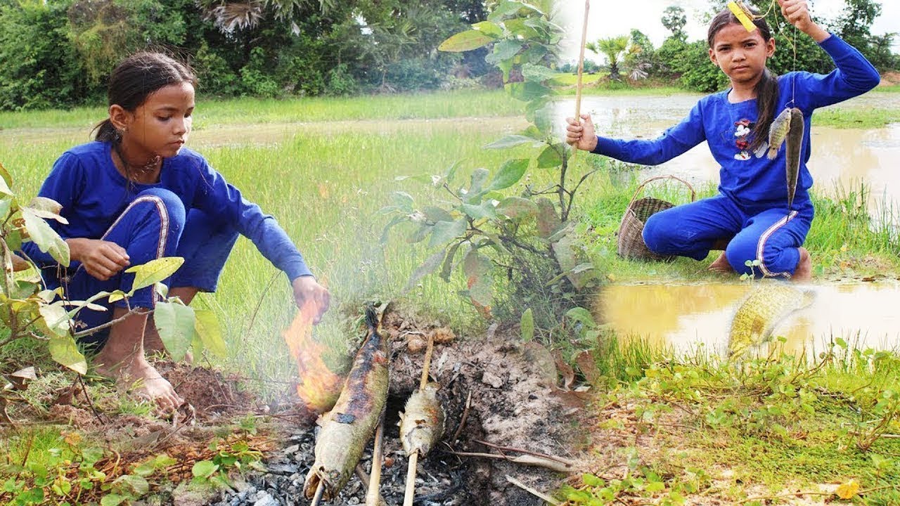 Fishing Hook and grilled fish for survival food in field | My Countryside Life