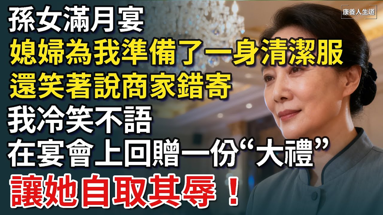 孫女滿月宴，媳婦為我準備了一身清潔服，還笑著說商家錯寄，我冷笑不語，在宴會上回贈一份“大禮”，讓她自取其辱！【康養人生道】 #康養人生道 #上了年紀該明白的事 #養老 #聰明老人 #長壽秘密