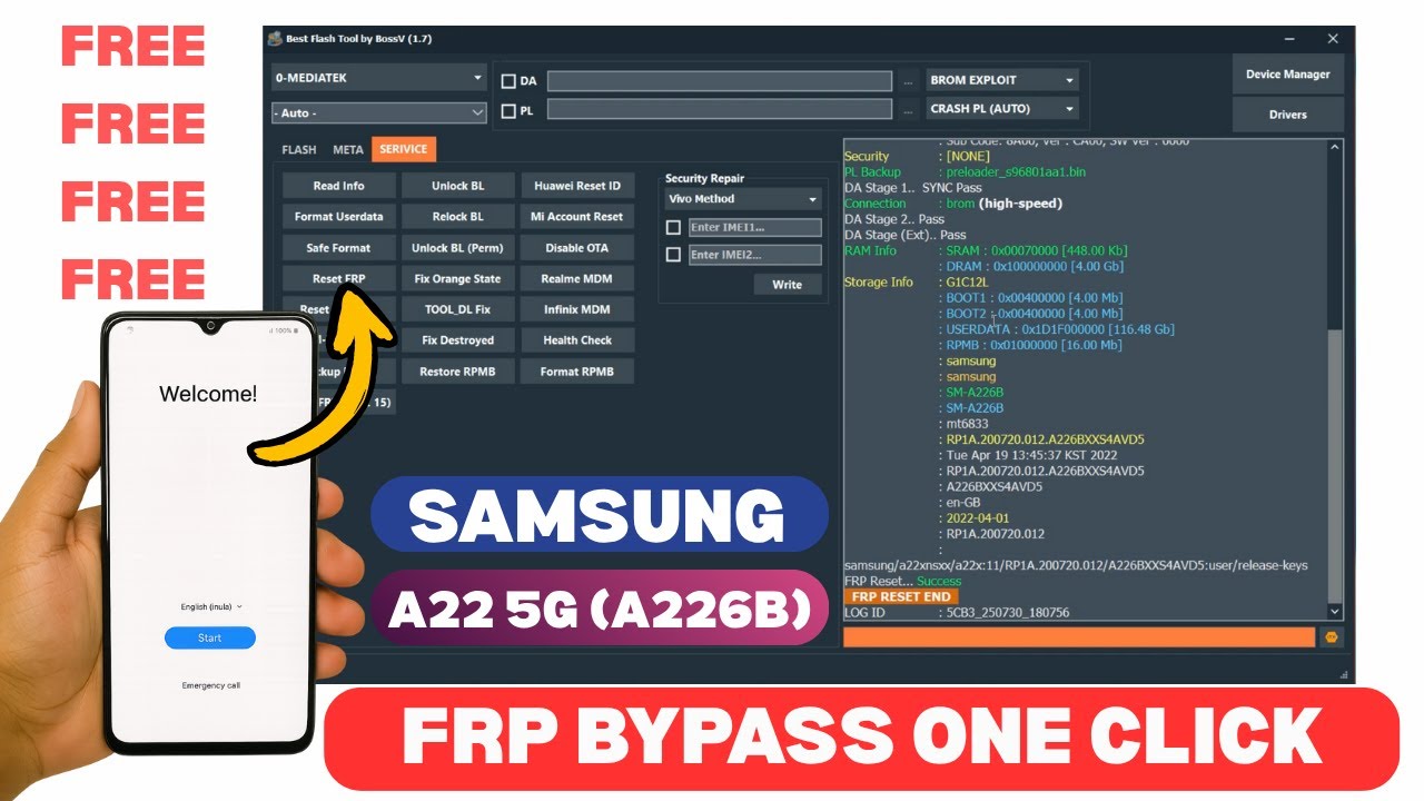 All Samsung MTK FRP Bypass Free | Samsung A22 5G FRP Unlock by Best Flash Tool BossV 2025 | A2GSM