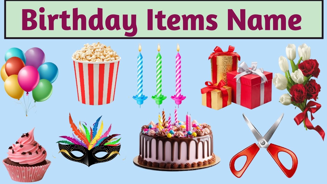 50 Birthday Party Items Name In English | Birthday Items Name