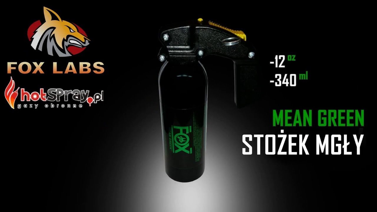 Gaz pieprzowy FOX LABS MEAN GREEN stożek mgły 340ml Pistol grip hotspray.pl