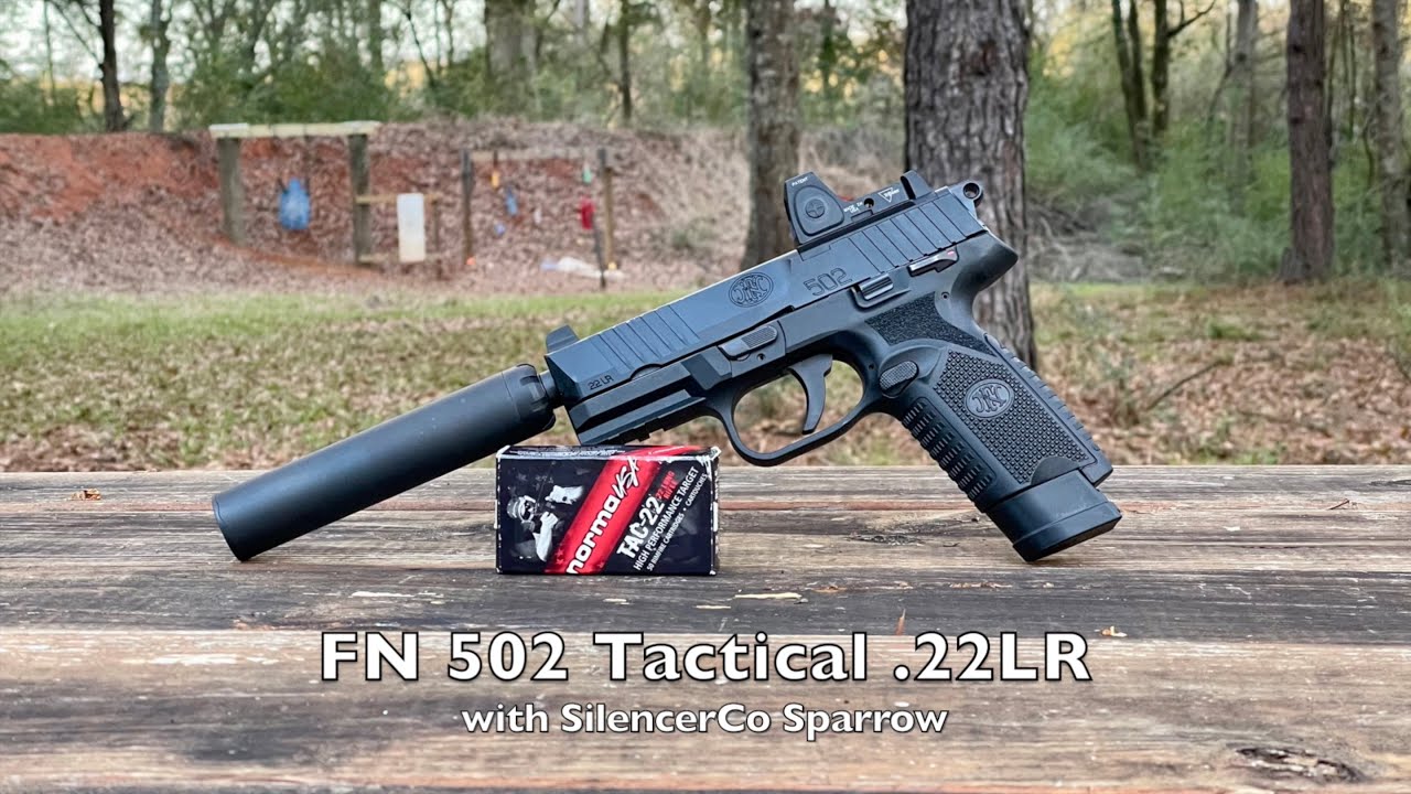 Shooting an FN 502 Tactical .22LR pistol with a SilencerCo Sparrow