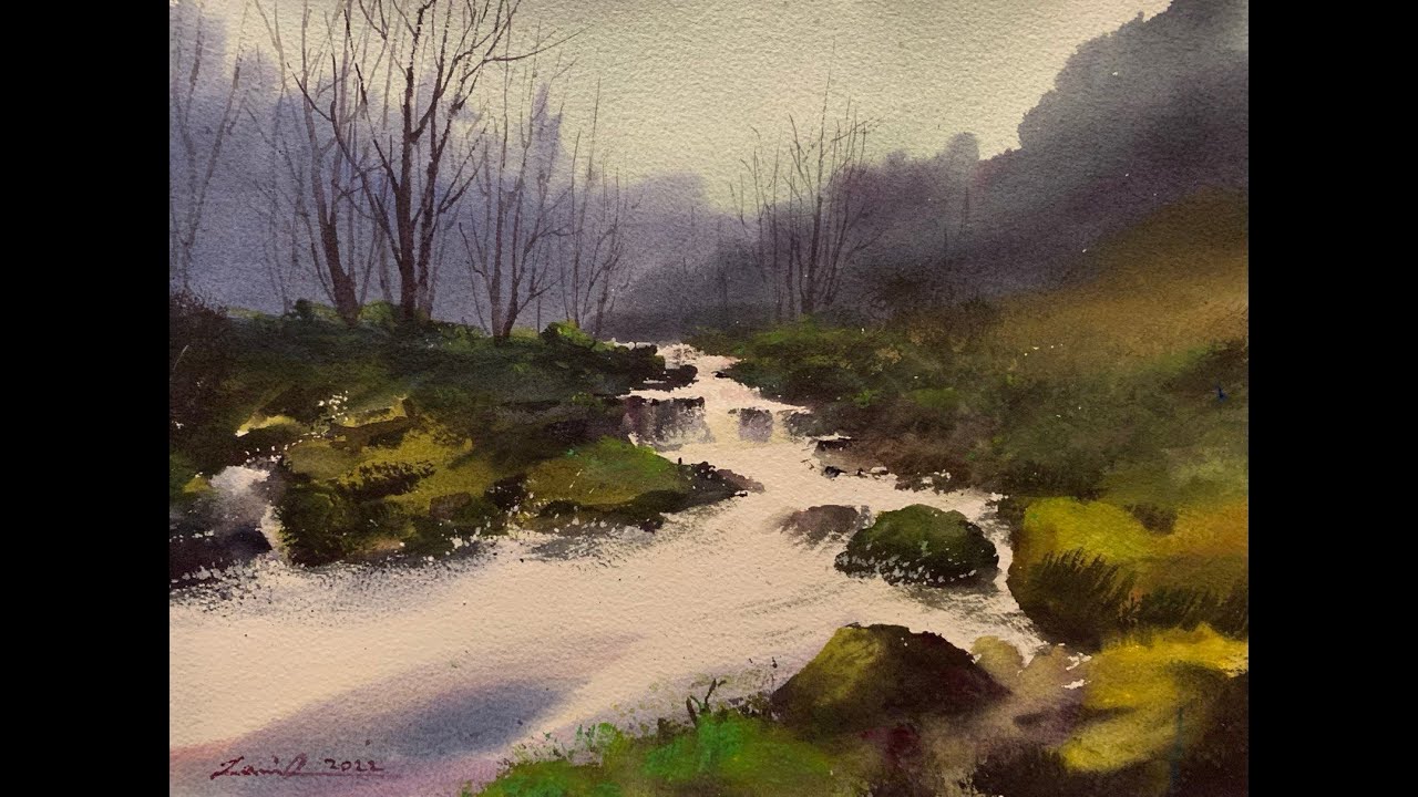 Watercolor Landscape Painting | Little Stream in the Forest