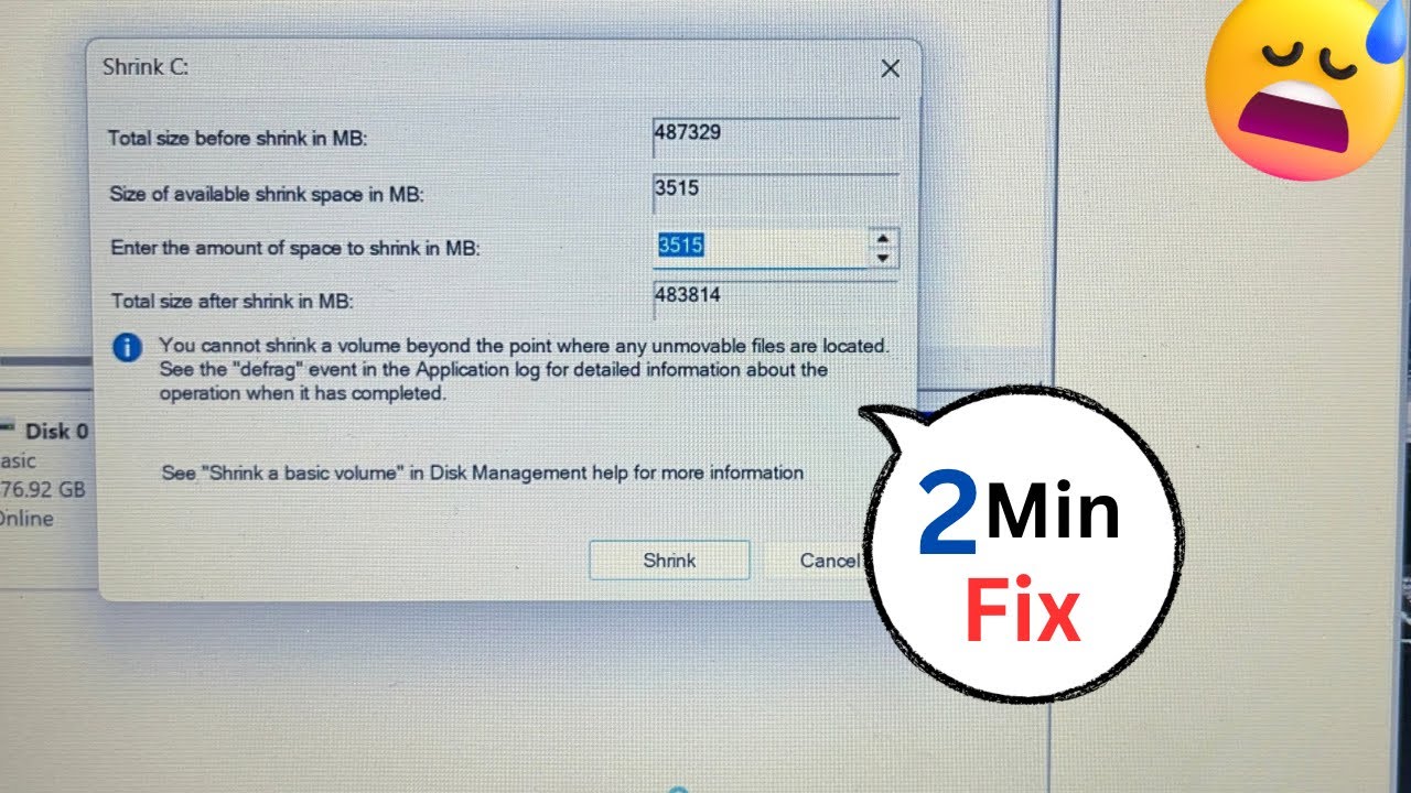 You cannot shrink a volume beyond the point where an unmovable files are located windows 11 