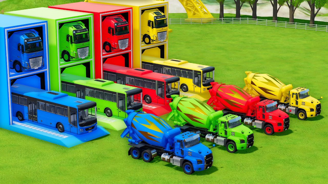 Garage with Colors - ALL MIXER TRUCK WITH DOUBLE FLATBED TRAILER TRUCK, VOLVO, MAN, MACK - FS22