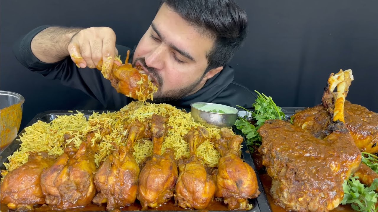 ASMR; Eating Spicy Chicken Legs Curry & Spicy Mutton Legs Curry With Masala Rice+Extra Gravy Mukbang