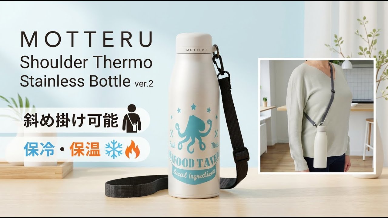 3011MOTTERUショルダーサーモステンレスボトルver.2＿本体が二重構造、インナーボトルは電子レンジ対応＿#サーモボトル#ステンレスボトル#電子レンジ対応#保温ボトル#保冷ボトル#ノベルティ