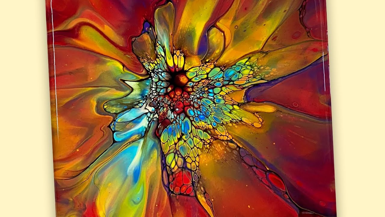 (906) Bloom Technique 7 colours used, Acrylic Paint Pouring