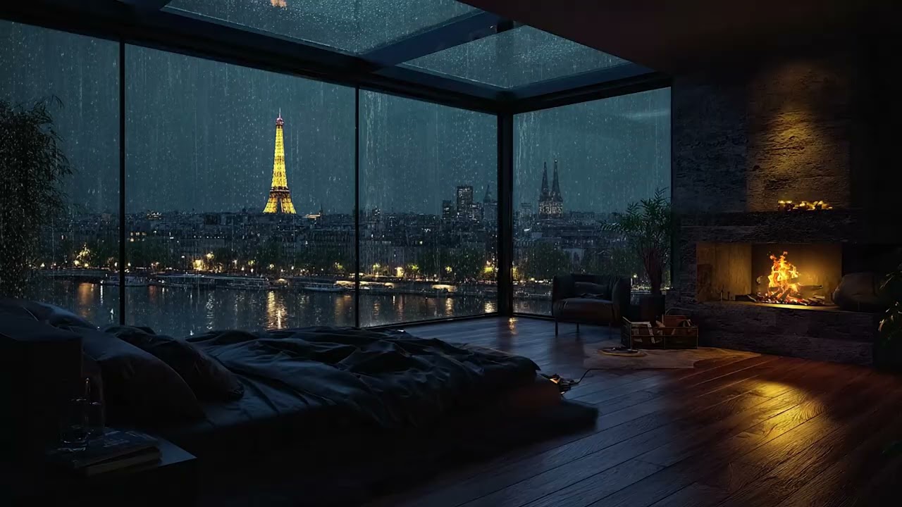 (No Ads) Paris Rain at Night 🌧️ Cozy Fireplace Ambience for Deep Sleep