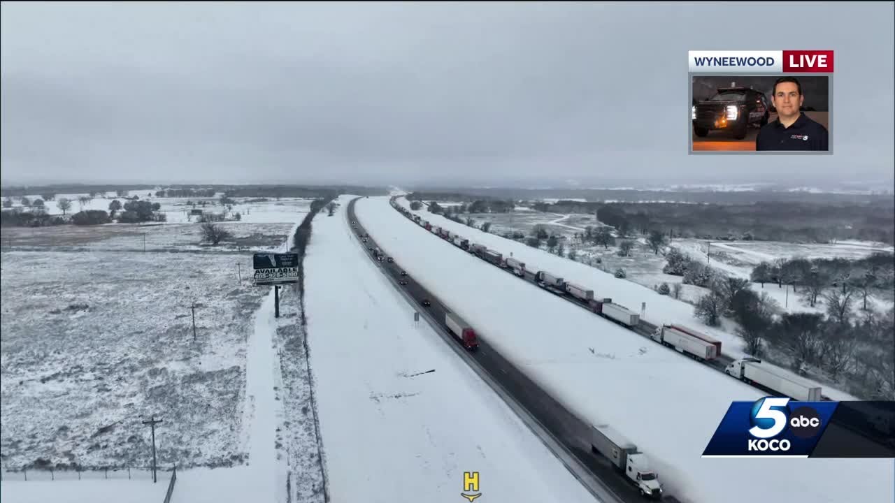 Interstate 35 at a standstill near Wynnewood as snow continues to fall