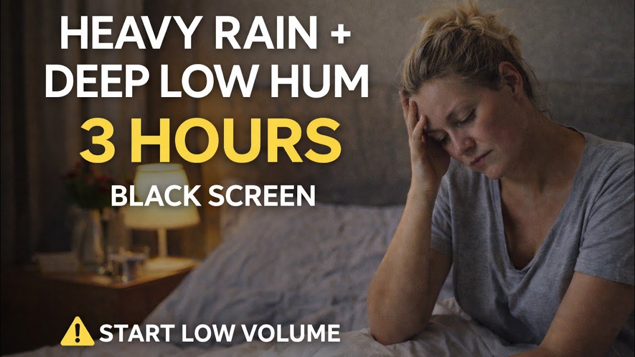 Heavy Rain + Deep Low Hum (3 Hours) | Black Screen | Deep Sleep | Tinnitus Relief | ADHD Focus 