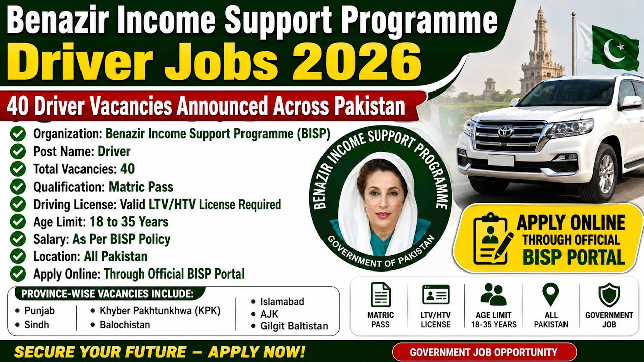 BISP Jobs 2026 | Benazir Income Support Programme Driver Jobs 2026 | 40 Driver Vacancies Announced 