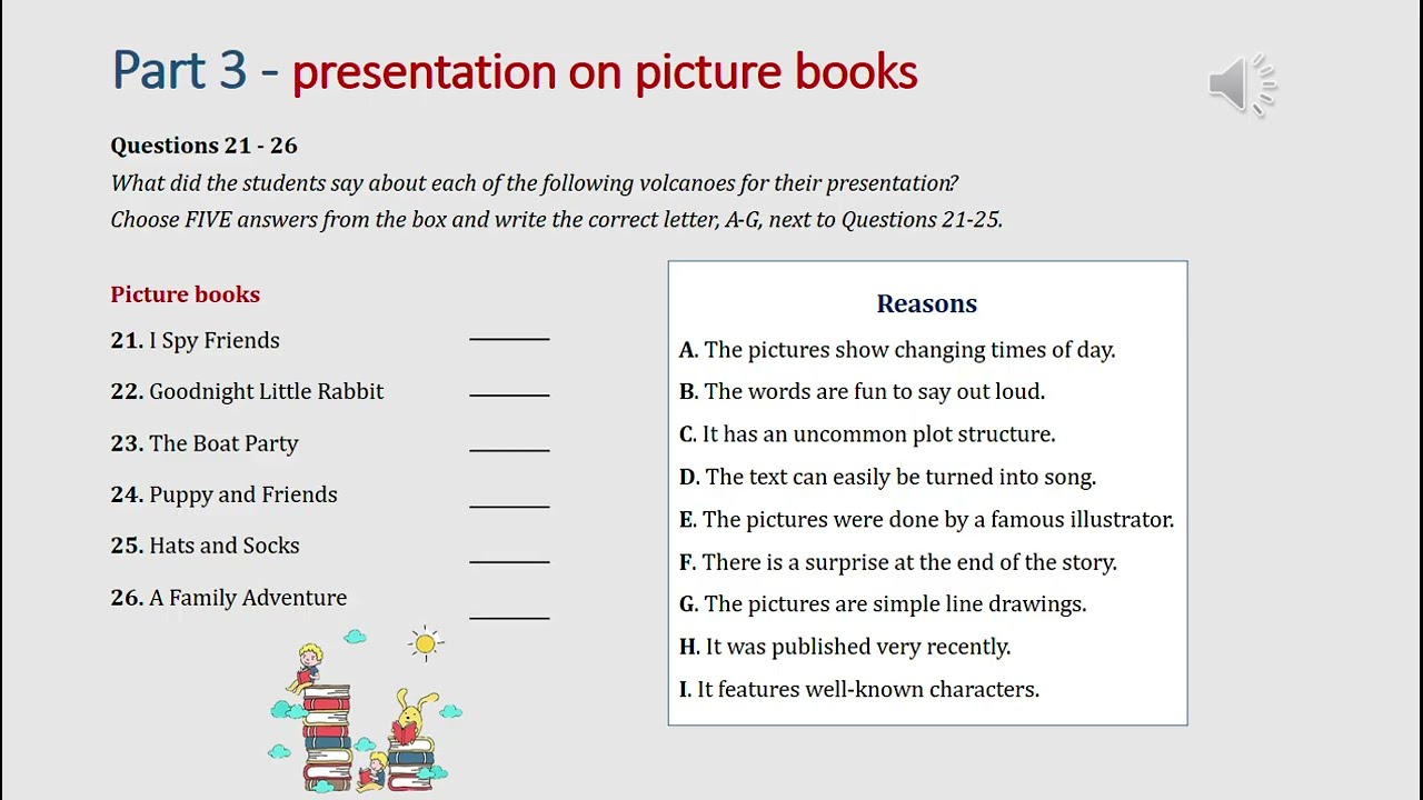 IELTS listening practice Part 3: presentation on picture books (answer+ transcript)