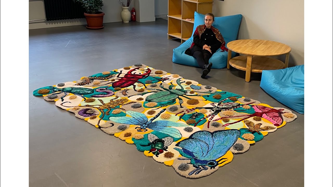 Large Bug Rug - HandmadeInsect Tapestry . Tufting big frame ak-5 machine, long pile gun .