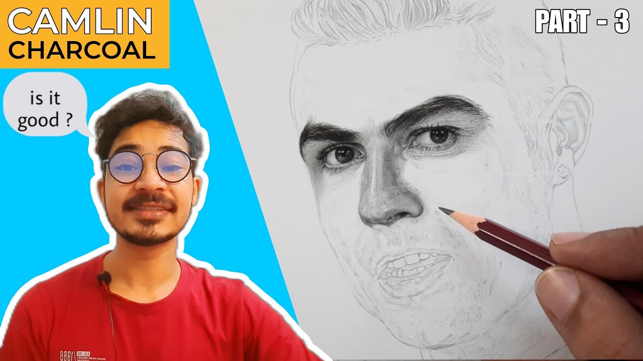 Camlin Charcoal 🤔 !  Drawing Cristiano Ronaldo - Real-time - Part 3