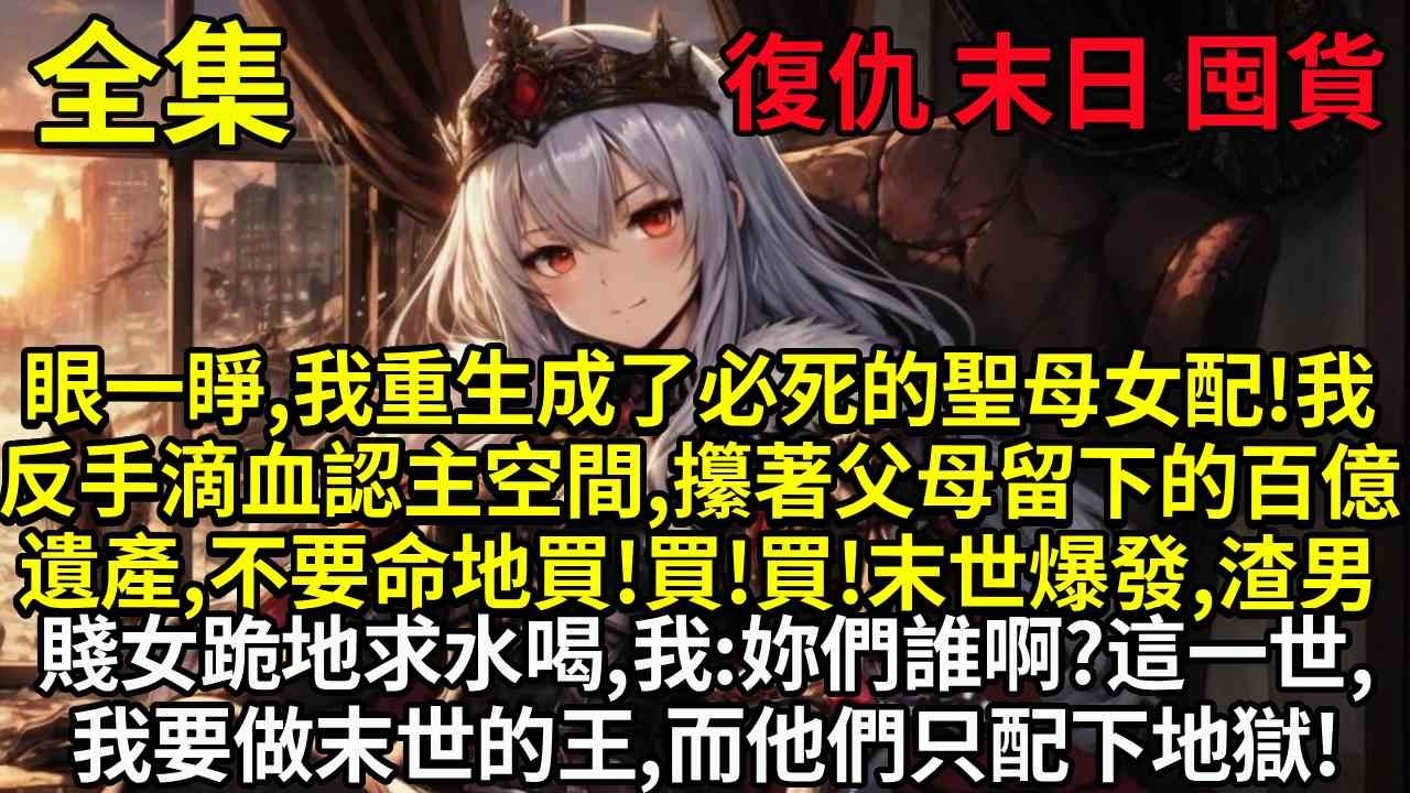 眼一睜，我重生成了必死的聖母女配！我反手滴血認主空間，攥著父母留下的百億遺產，不要命地買！買！買！末世爆發，渣男賤女跪地求水喝，我：妳們誰啊？這一世，我要做末世的王，而他們只配下地獄！