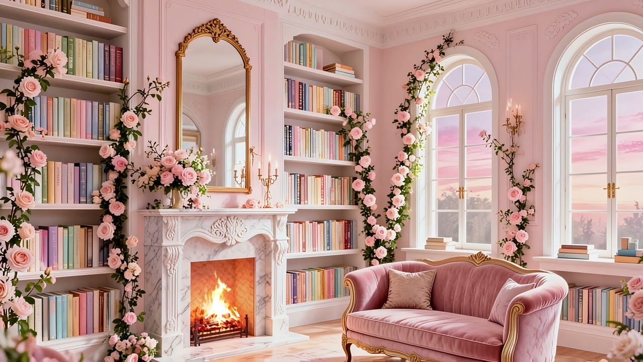  🌸📖 Pink Library Fireplace Ambience for Studying | Cozy Relaxing Crackling Fire
