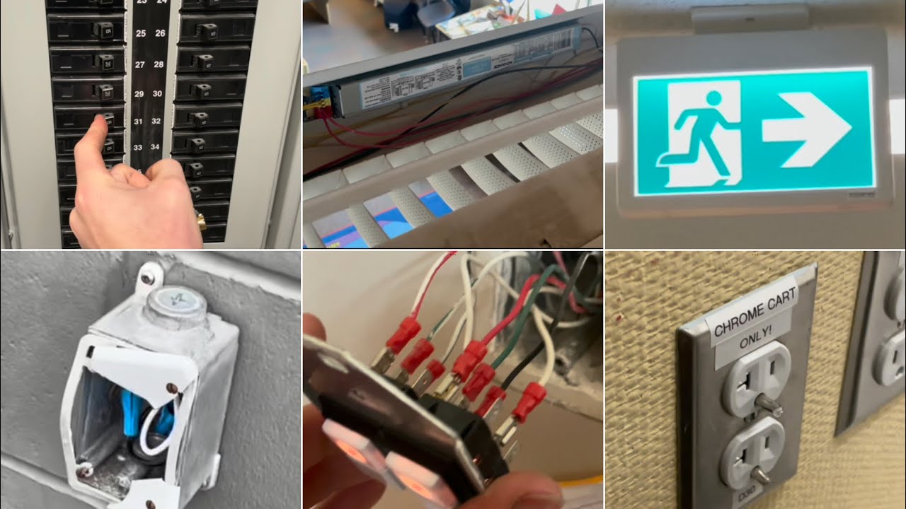 School electrical maintenance fixing exit sign, fire alarm system, blown breaker, light switches etc