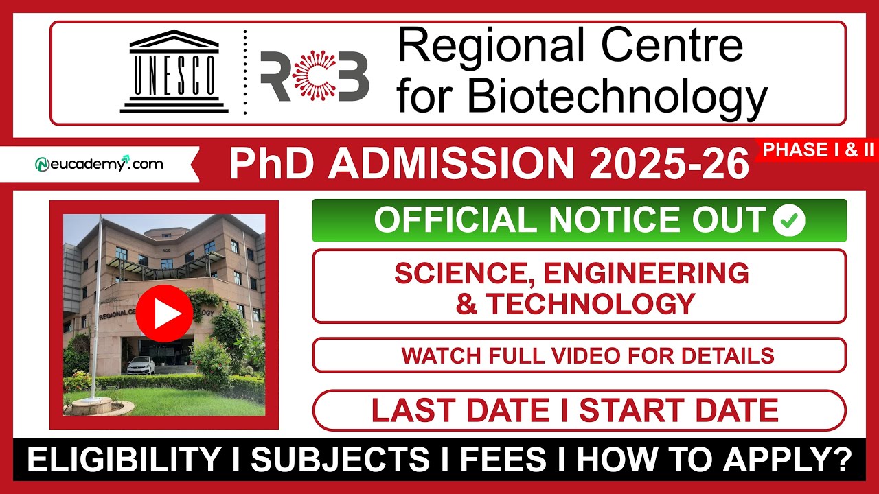 Regional Centre for Biotechnology (RCB) PhD Admission 2025-26 | Eligibility,  Fellowship, Fees, Seat