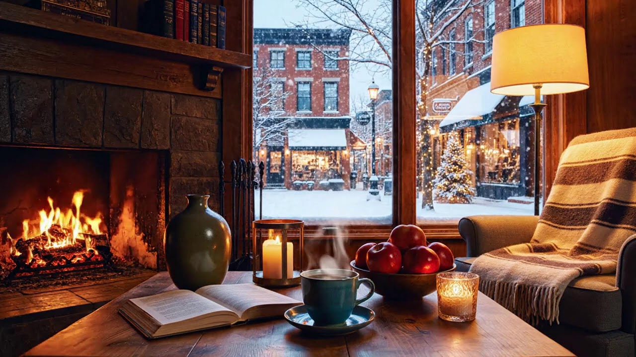 Jazz Playing While It Snows ☕ Fireplace Café Ambience to Stay Concentrated