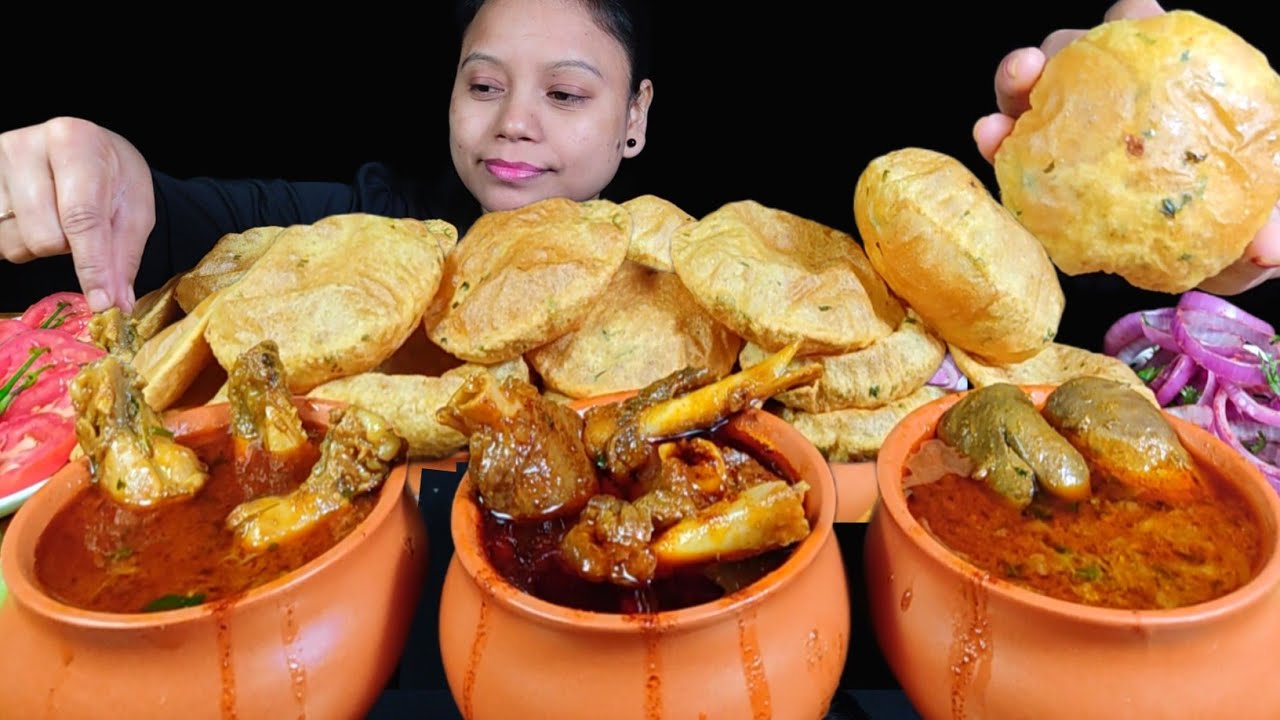EATING 3 FULL HANDI MUTTON CURRY+CHICKEN LIVER GIZZARD CURRY+CHICKEN CURRY WITH MASALA PURI |MUKBANG