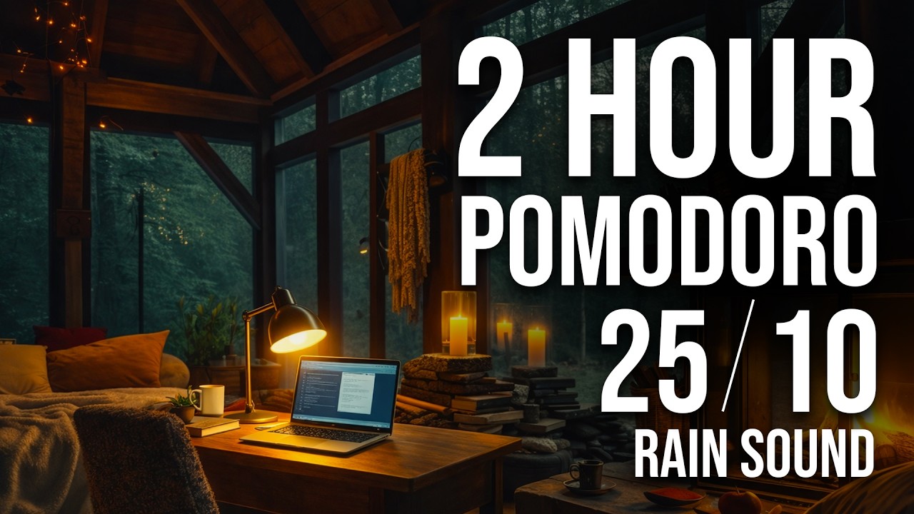 2 Hour Timer with Rain & Fireplace | 25/10 Pomodoro for Deep Work