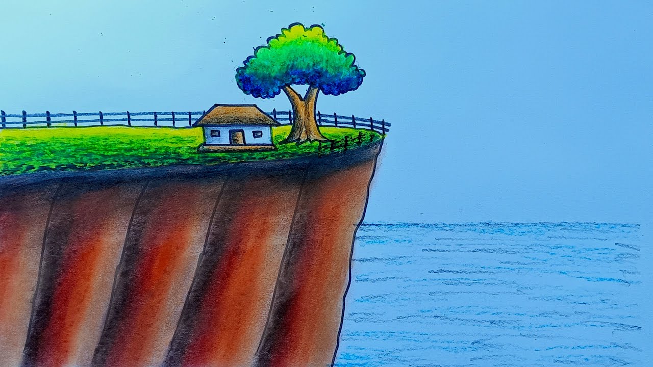 Mountain house drawing easy / simple scenery drawing for kids