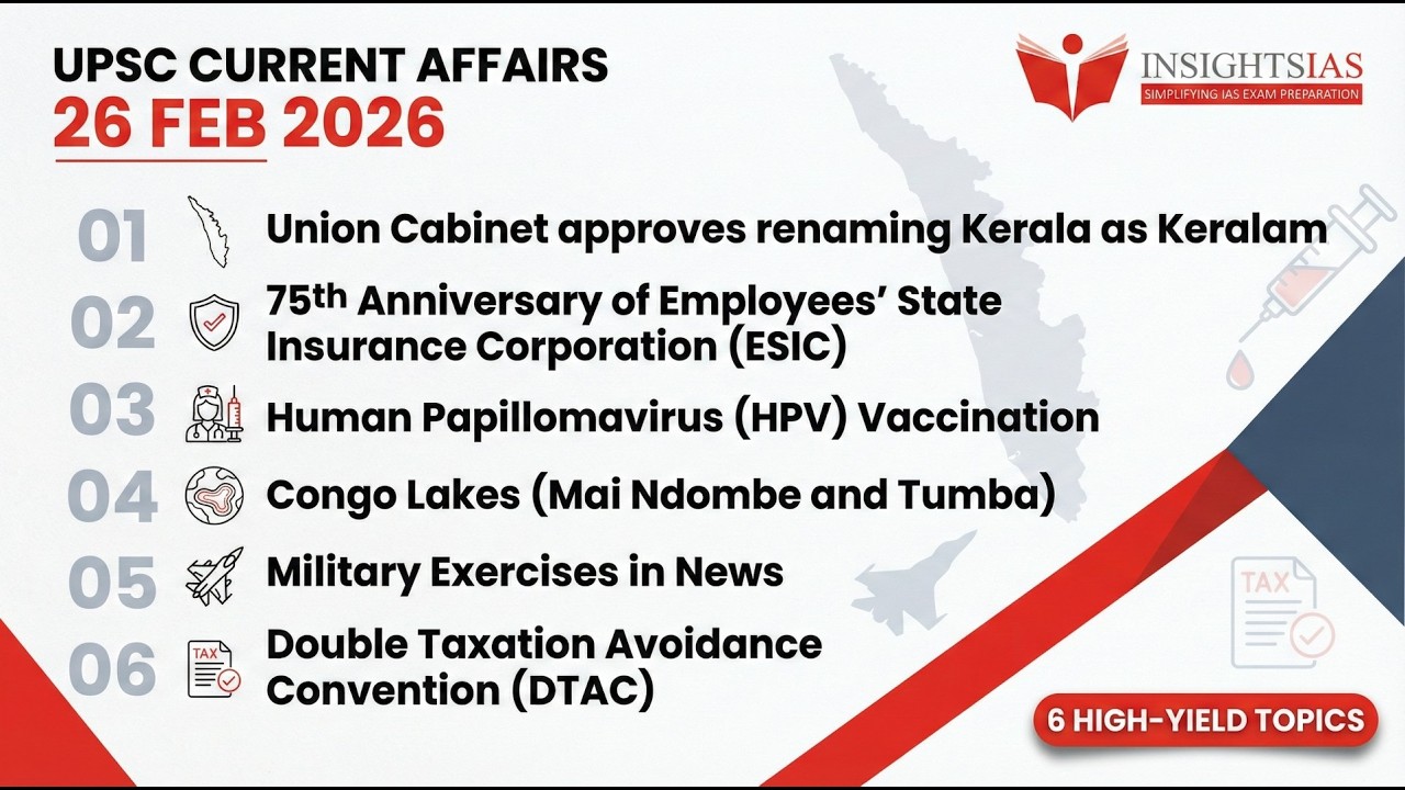 UPSC Current Affairs 25 Feb 2026 | Prelims 2026 | Kerala Article 3, HPV, ESIC 75, DTAC