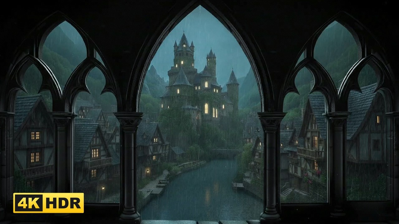 4K Cozy Medieval Castle Window in the Rain – Calming Thunderstorm Ambience for Sleep & Meditation