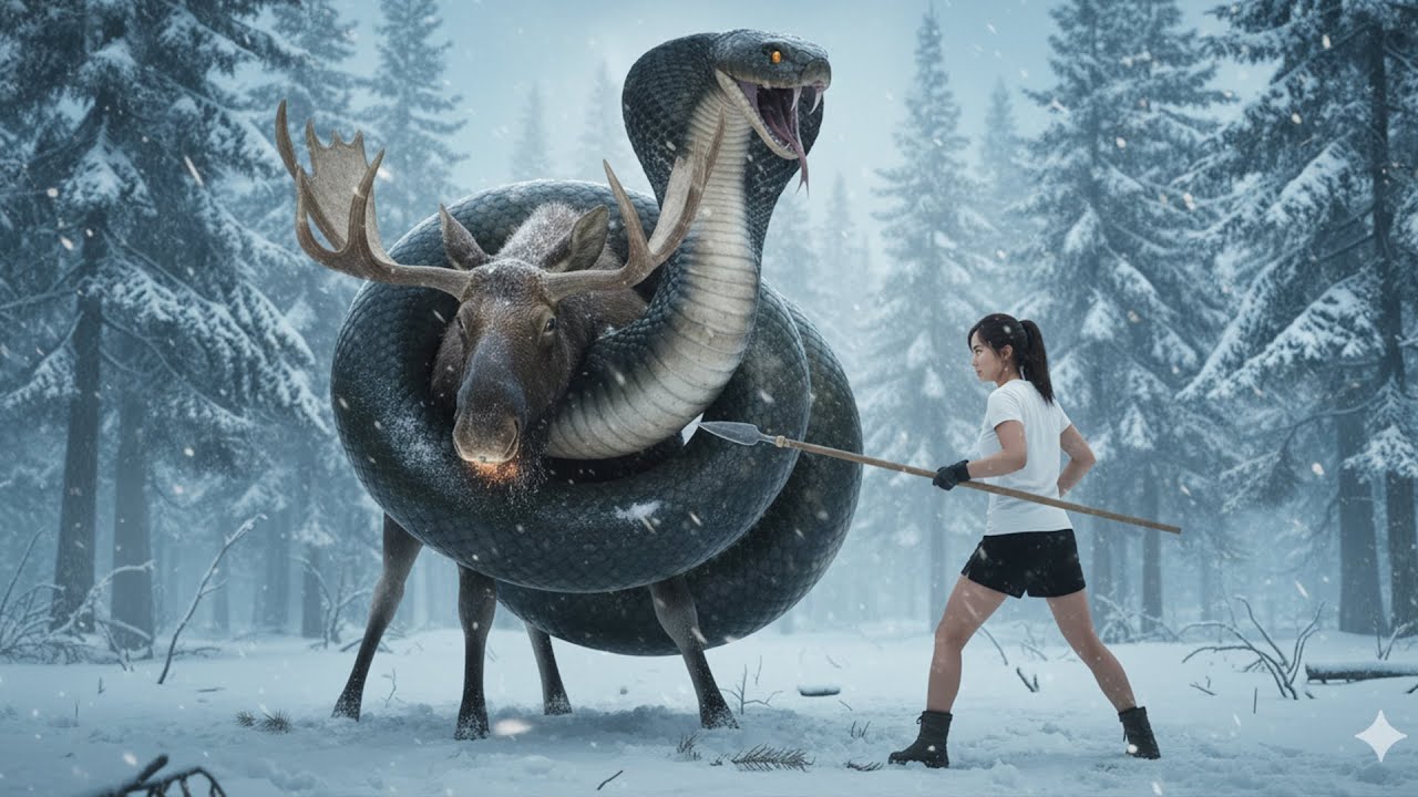 The brave girl single-handedly rescues the poor moose