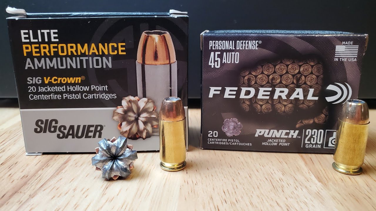 45acp Sig V Crown против Federal Punch. Тест на баллистический гель. Не слишком ли хорош удар?