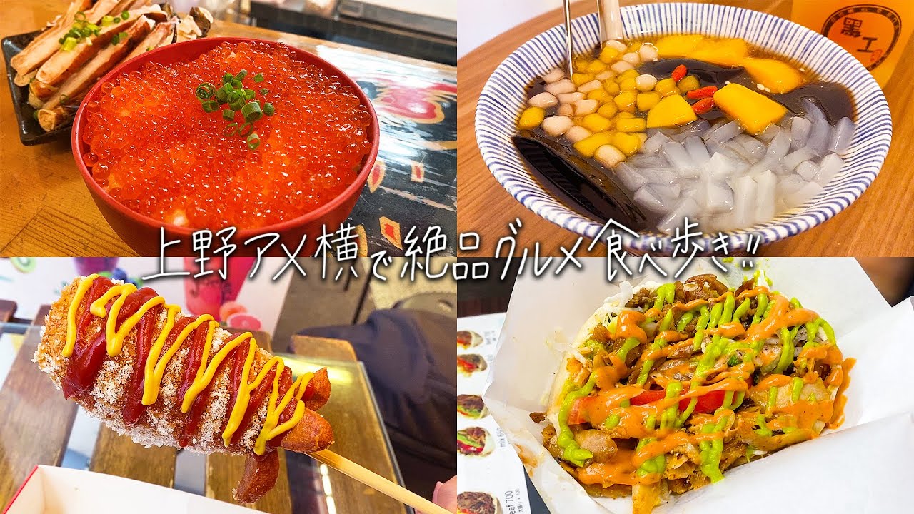 【上野】アメ横で絶品グルメを食べ歩き！500円のいくら丼&韓国ハットグ&特大ケバブ&仙草ゼリー