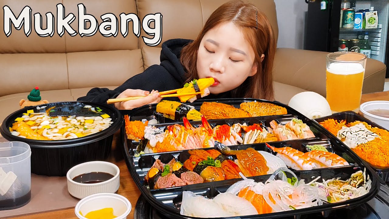 Sub)Real Mukbang- 14 видов суши 🍣 Жареные креветки 🍤 Удон 🍜 Пиво 🍺 ASMR